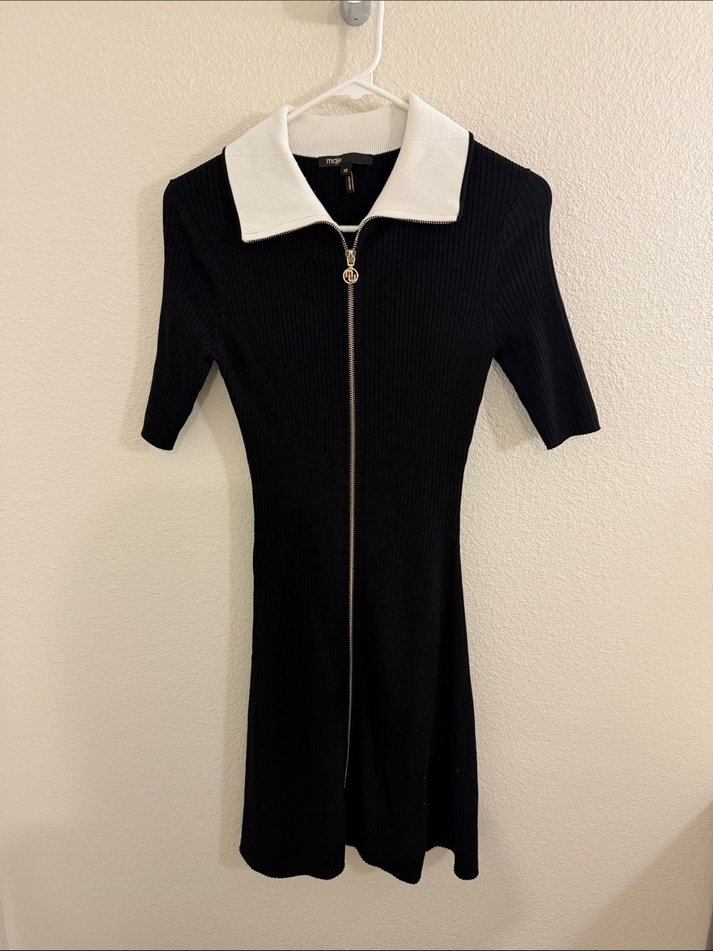 Maje Ribbed Black Dress with Contrast Collar and Gold Zip